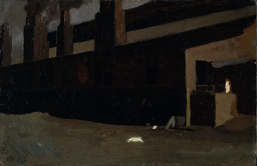 Factory--Study for "Ironworkers, Noontime"/Verso: Still Life with Orange by Thomas Anshutz, American, b. Newport, Kentucky, 1851–1912