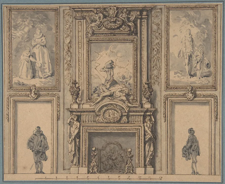 Design for a Wall Decoration with Chimneypiece and Two Figures by Antoine Le Pautre