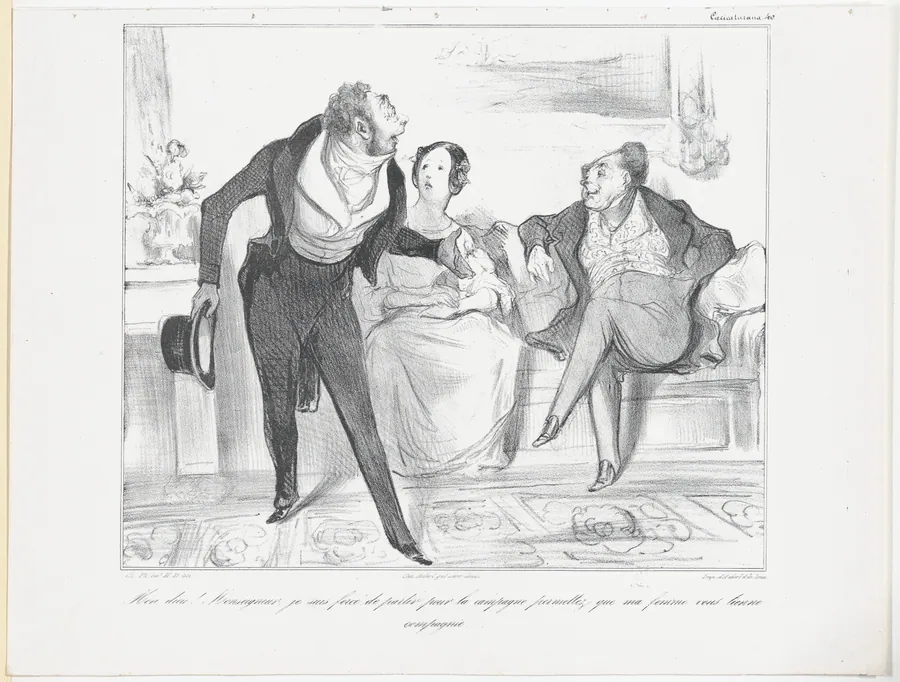 Plate 40: My God! Monseigneur, I am forced to leave for the countryside, allow me to leave my wife behind to keep you company, from 'Caricaturana,' published in Les Robert Macaires by Junca