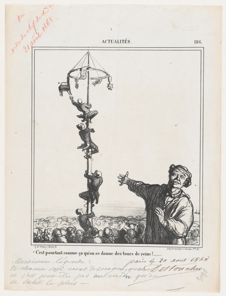 This is just a way to strain your back, from 'News of the day,' published in Le Charivari, August 28, 1868 by Arnaud de Vresse