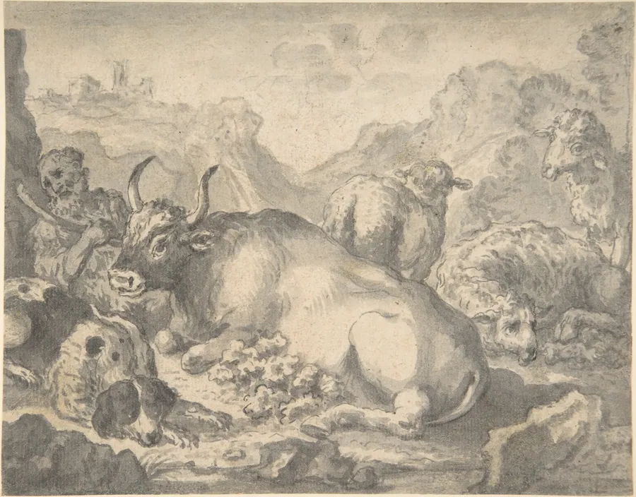 Sheperd with his Flock and a Dog by Anonymous, Flemish, 17th century