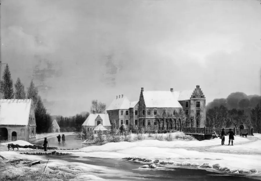 Prospekt af hovedgården Lykkesholm på Fyn. Vinter by F.M.E. Fabritius de Tengnagel
