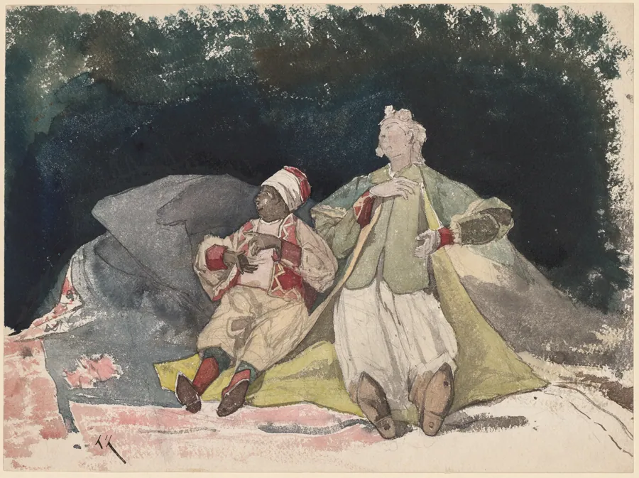 Two Dolls or Puppets Sitting on Cushions by Henri Joseph Harpignies