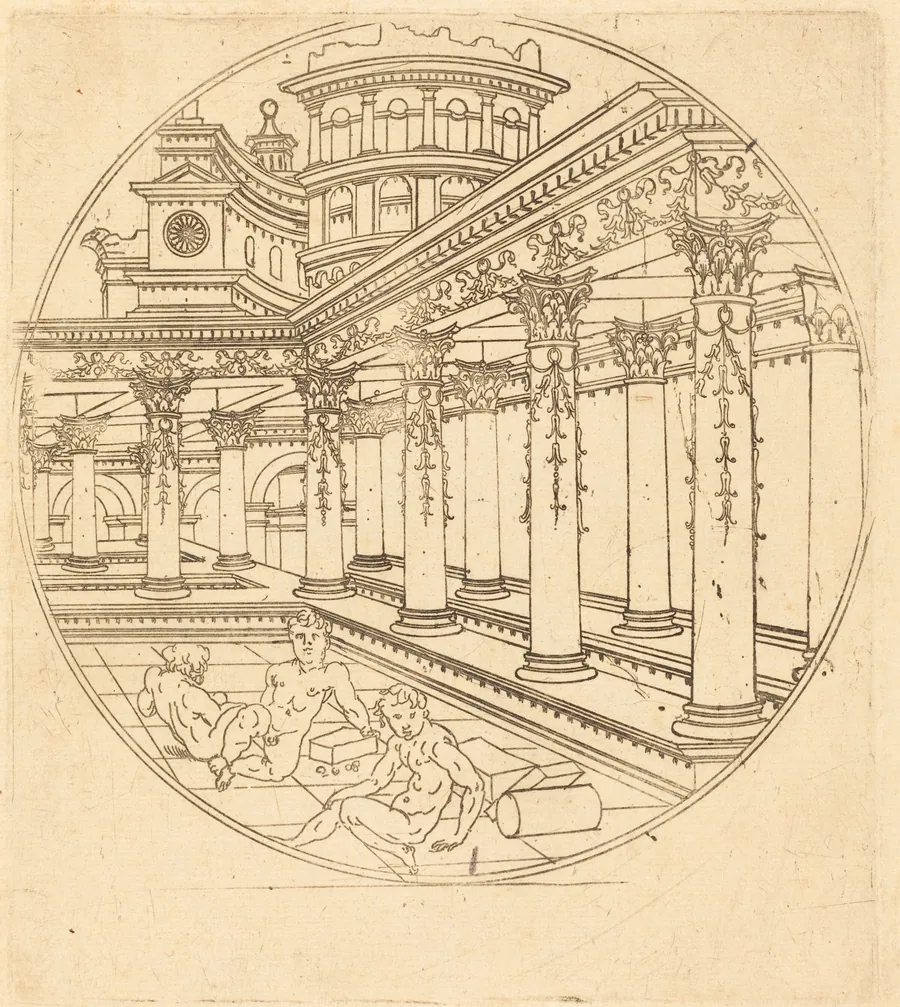Three Figures in a Gallery by French 16th Century