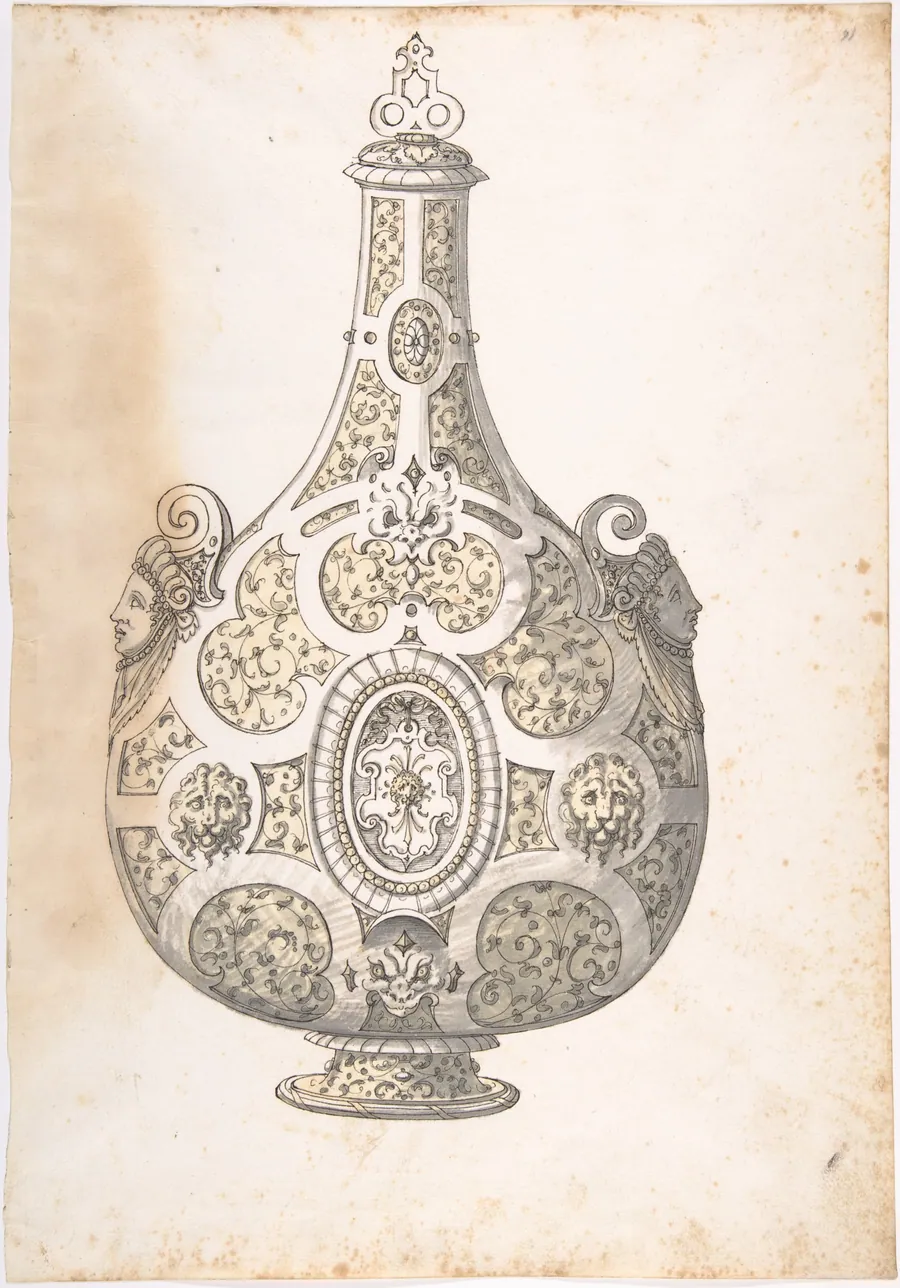 Design for a Silver- gilt Flask Decorated with Strapwork, Masks, Moresques by Erasmus Hornick