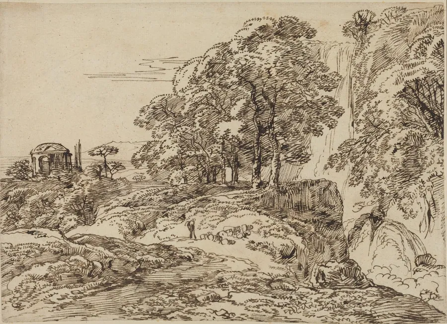 Pastoral Landscape with a Waterfall and a Temple by Franz Innocenz Josef Kobell