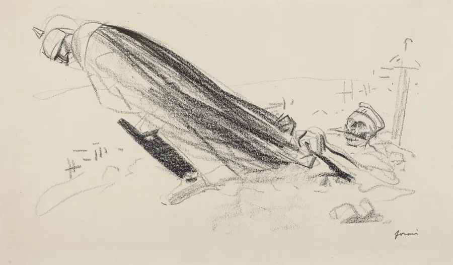 Ceux de la priemiere heure.  "Sire! ou en somme-nous de "la guerre fraiche et joyeuse"?..." by Jean-Louis Forain
