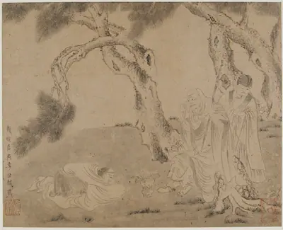 Luohan, attendant, and worshipper under pines
