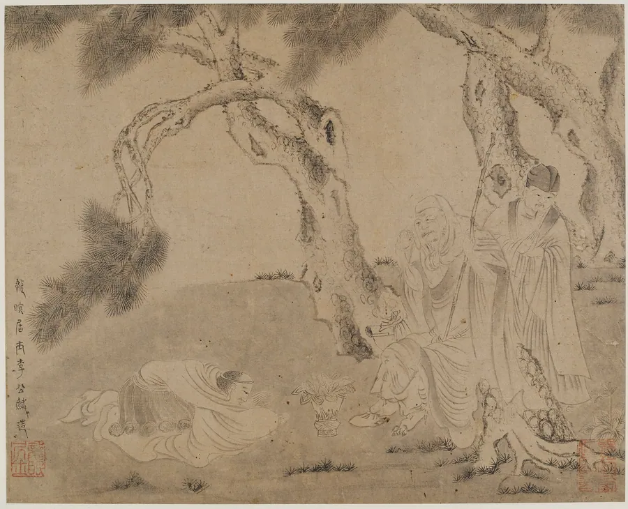 Luohan, attendant, and worshipper under pines by Formerly attributed to Li Gonglin (傳)李公麟 (ca. 1049-1106)