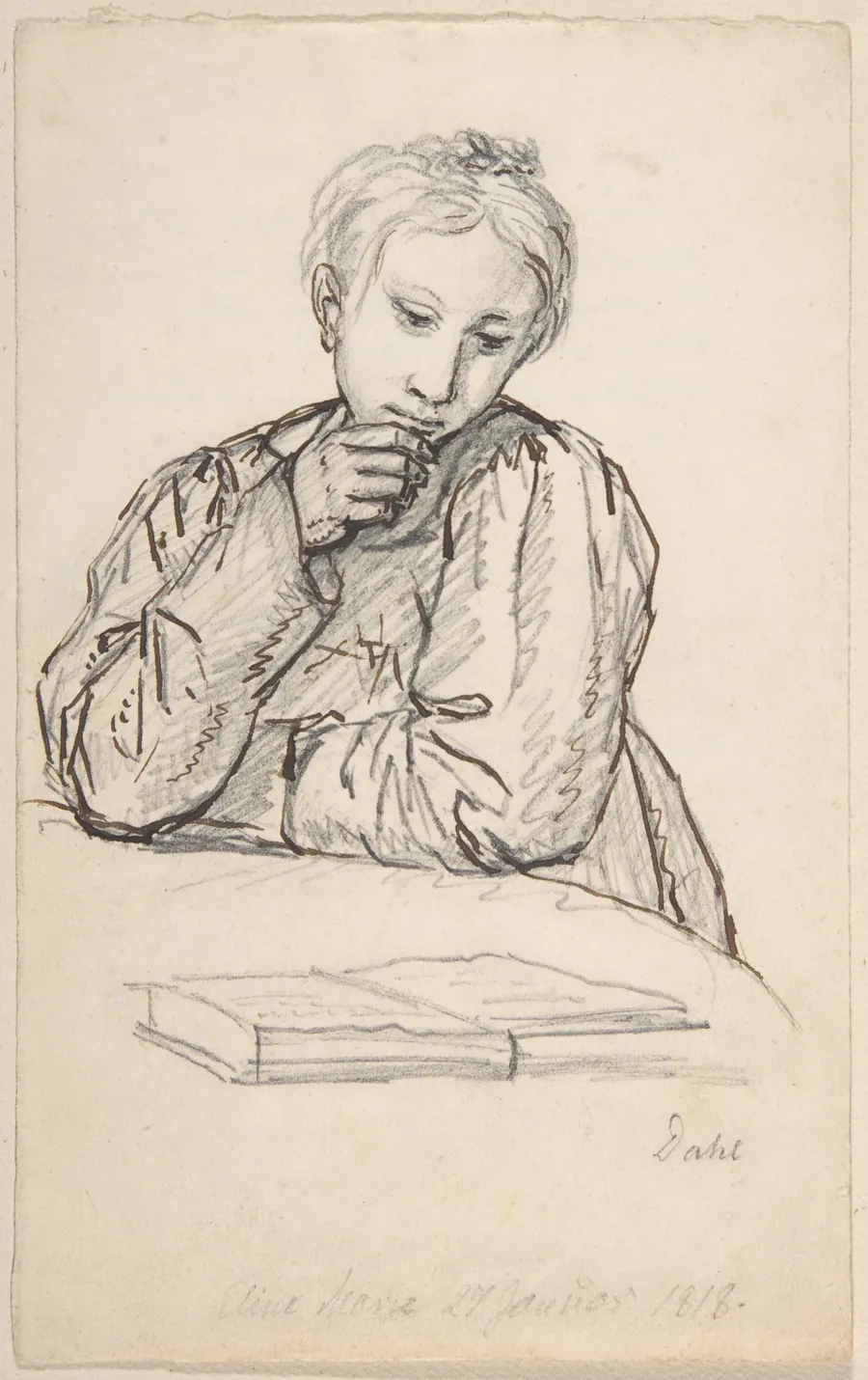 Portrait of Eline Marie Heger as a Child, Leaning on a Table, Looking at a Book by Johan Christian Dahl