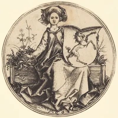 Shield with Unicorn, Held by Woman