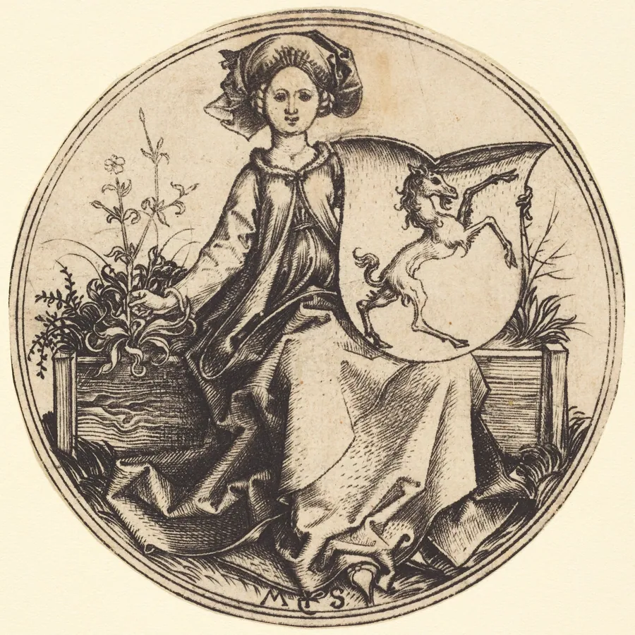 Shield with Unicorn, Held by Woman by Martin Schongauer