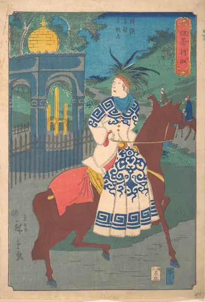 二代歌川広重画　『亜墨利加　横浜本村本牧道』|American Woman Riding Side-Saddle on the Road at Honmoku, Motomura, Yokohama (America Yokohama Motomura Honmoku michi)