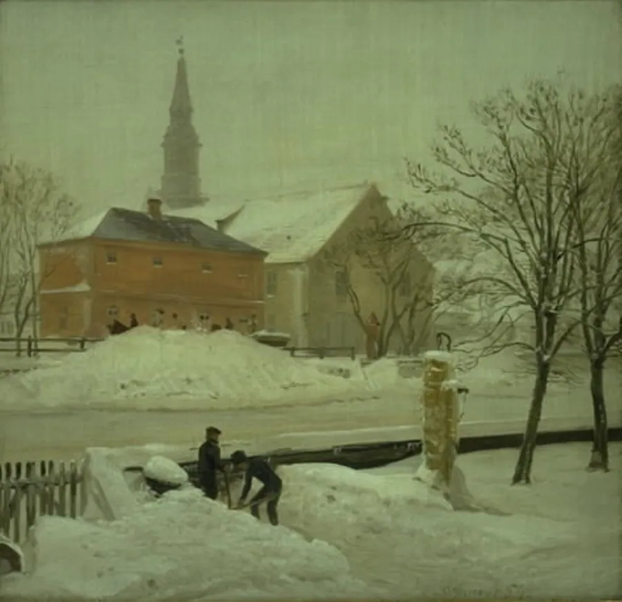 Udsigt fra kunstnerens bolig i Løweners ejendom på Christianshavn. Vinterdag med sne by P.C. Skovgaard
