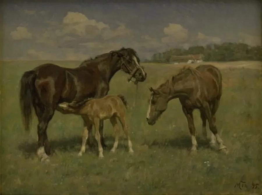 Tre heste på en mark by M. Therkildsen