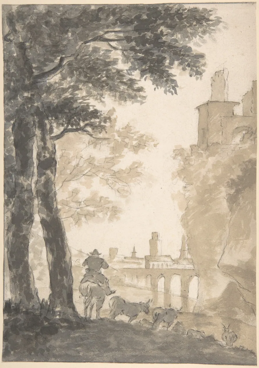 Landscape with a Mounted Herdsman and Cows, a City in the Background by Jan Both