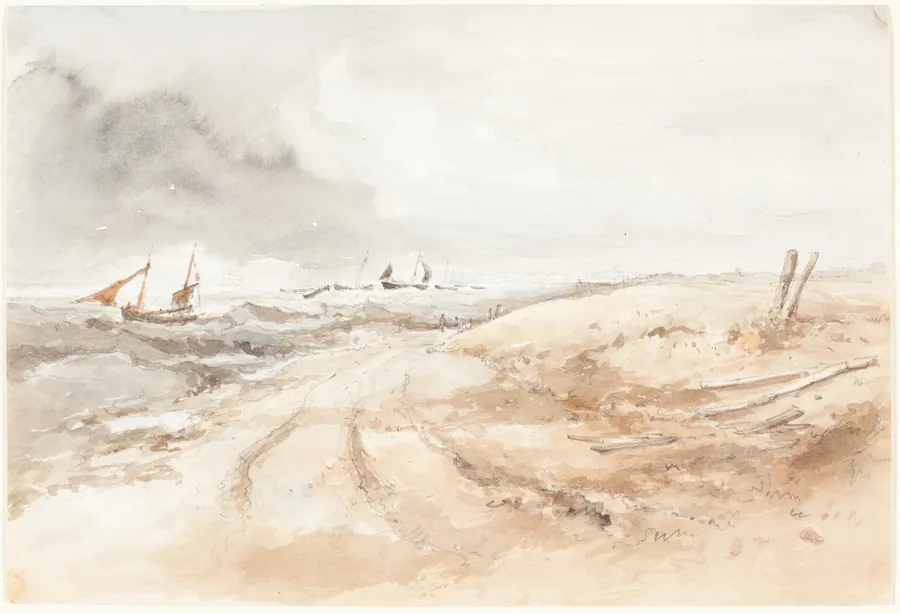 Shore Scene with Boats in Choppy Water by British 19th Century
