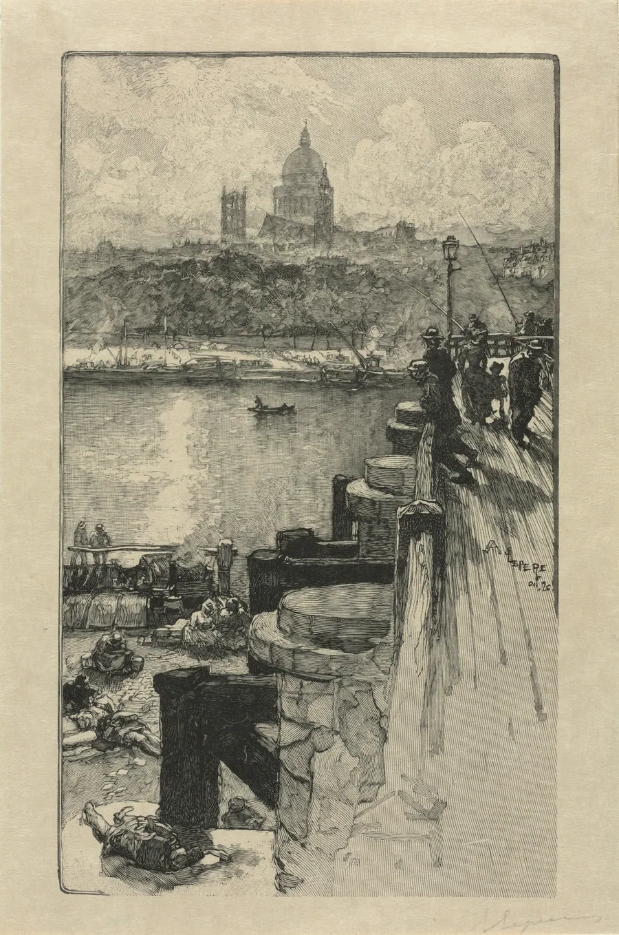 Fishermen on  a Pier, Paris by Auguste Louis Lepère