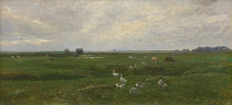 Gæs og får på bymarken. Dragør by Viggo Johansen
