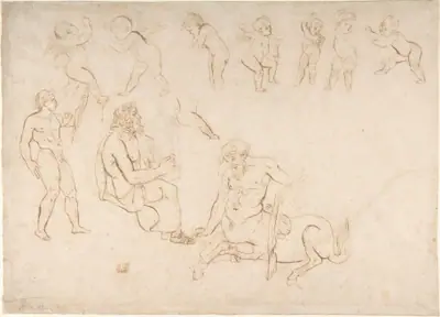Studies for the decoration of the Library, Palais Bourbon, Paris: standing nude athlete; seated man with a lyre; centaur; and seven putti (three with wings)