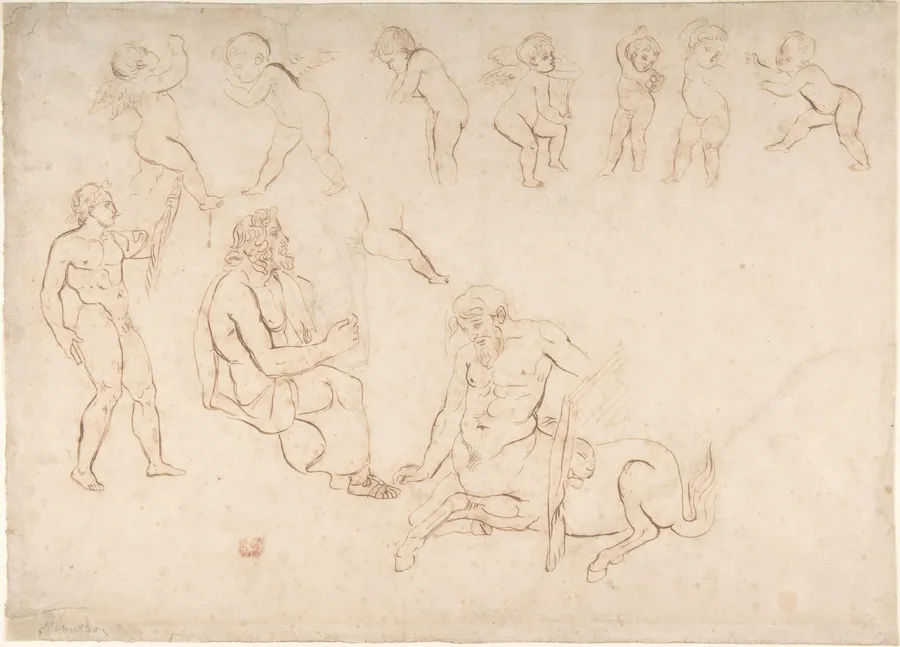 Studies for the decoration of the Library, Palais Bourbon, Paris:  standing nude athlete; seated man with a lyre; centaur; and seven putti (three with wings) by Eugène Delacroix