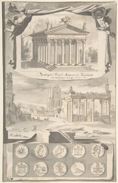 A Reconstruction of the Temple of Antonious and Faustina (above) and a View of the Ruins (below)