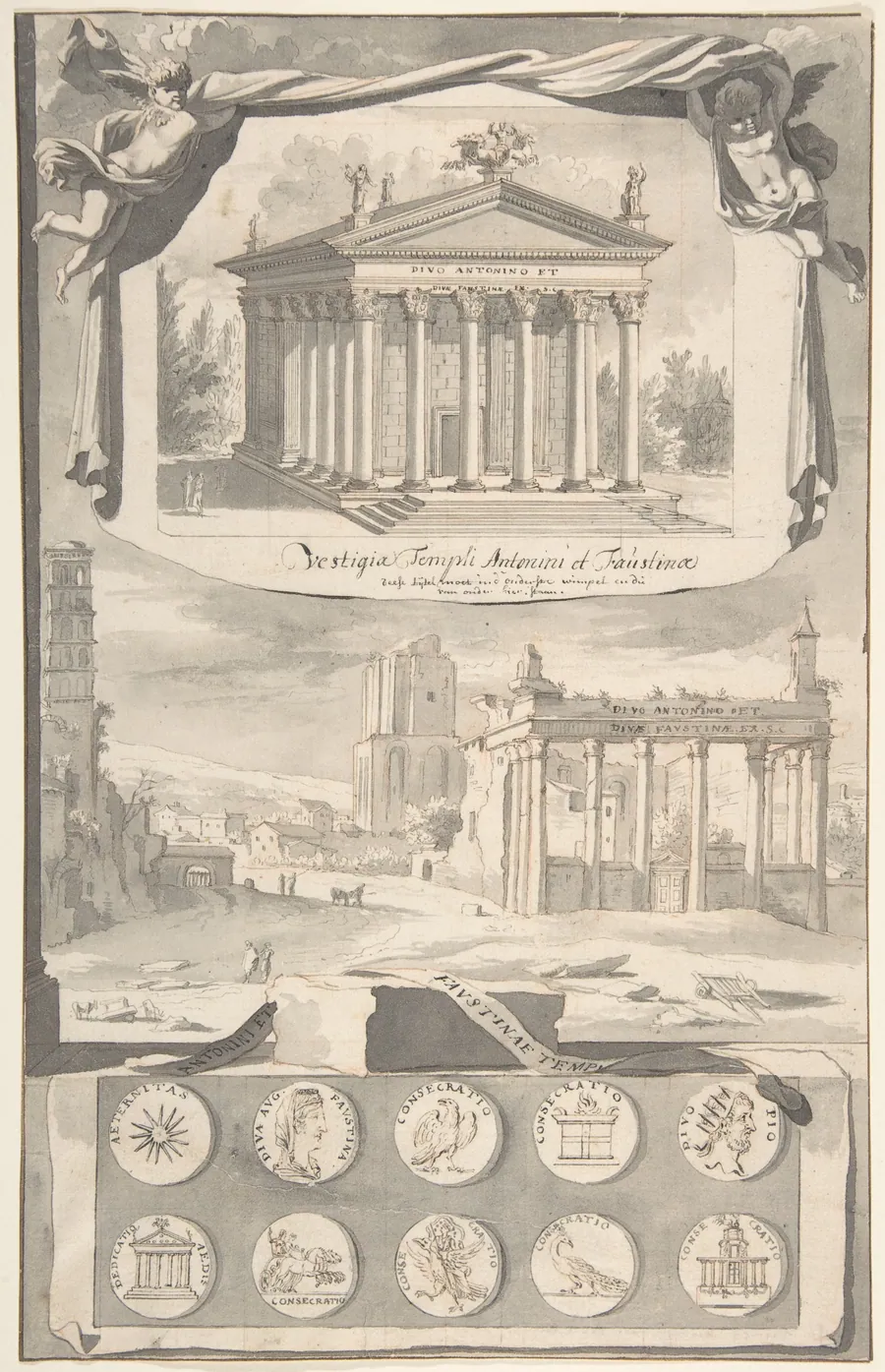 A Reconstruction of the Temple of Antonious and Faustina (above) and a View of the Ruins (below) by Jan Goeree