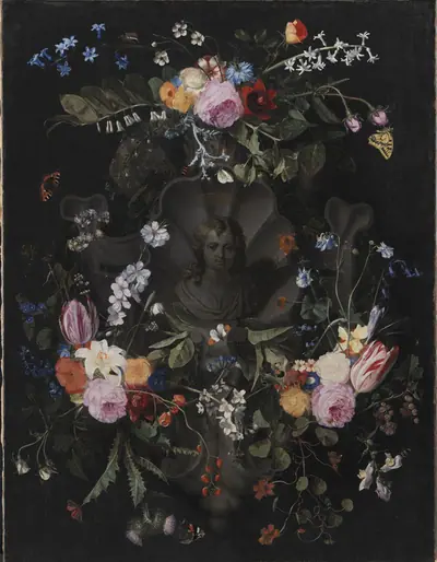 Kartouche med buste af Jesus omgivet af blomsterguirlande