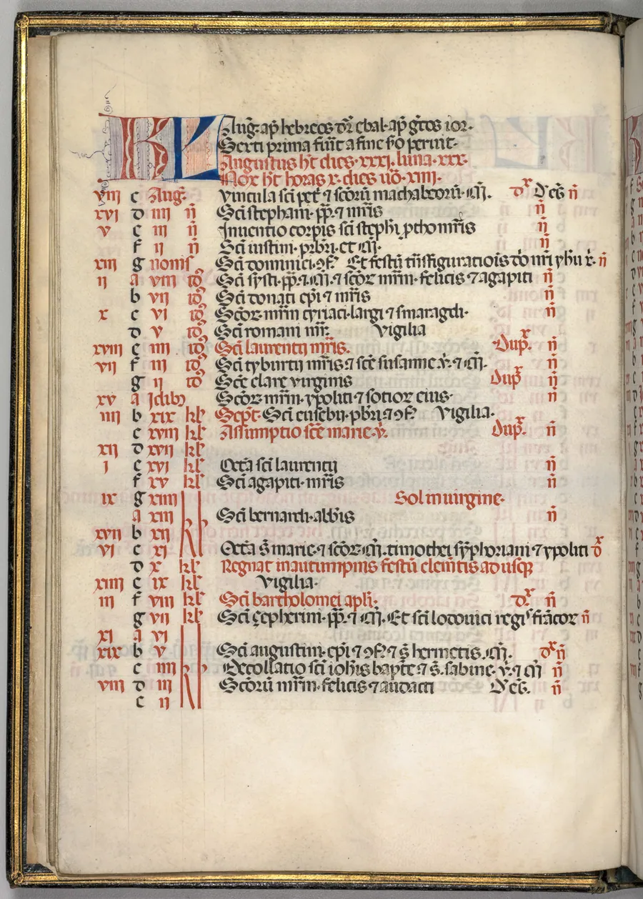 Missale: Fol. 6v: August Calendar Page by Giapeco Caporali