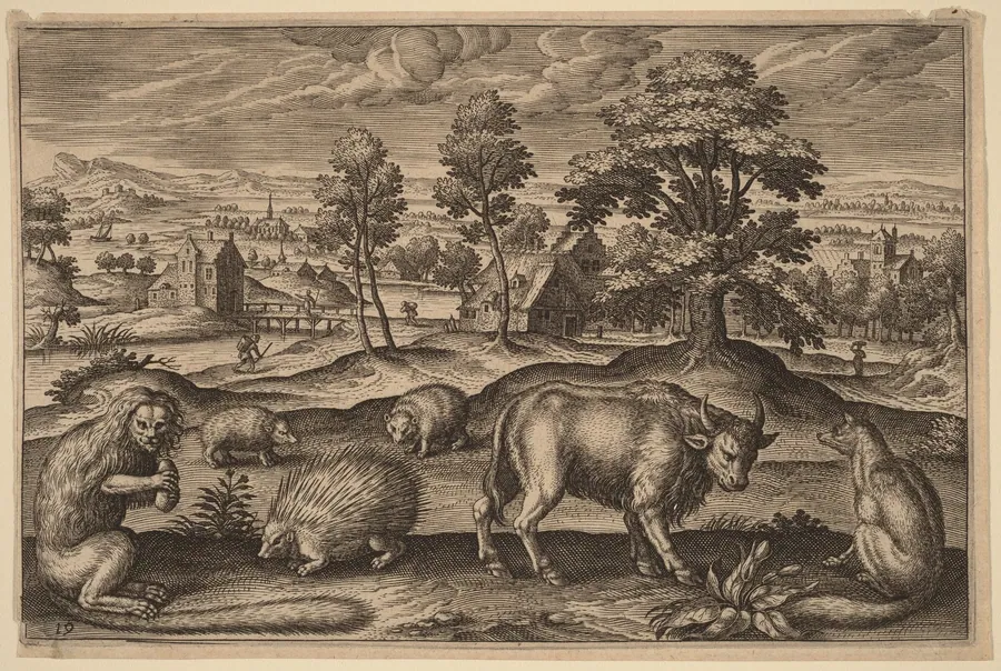 A Monkey, a Porcupine, Two Hedgehogs, a Buffalo and a Fox by Adriaen Collaert