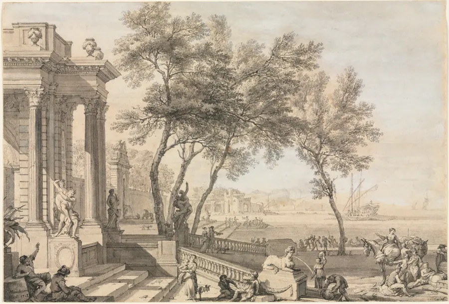 Fantastic Harbor Scene with Architecture and Figures by Isaac de Moucheron