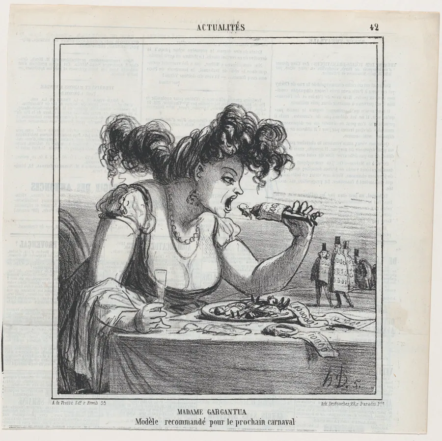 Madame Gargantua: A model, recommended for the next carnival, from 'News of the day,' published in Le Charivari, March 2, 1866 by Destouches