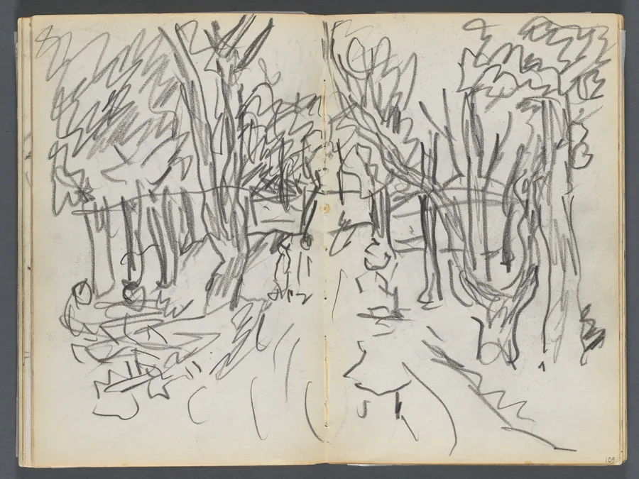 Sketchbook, The Dells, N° 127, page 104 & 105: Landscape by Maurice Prendergast