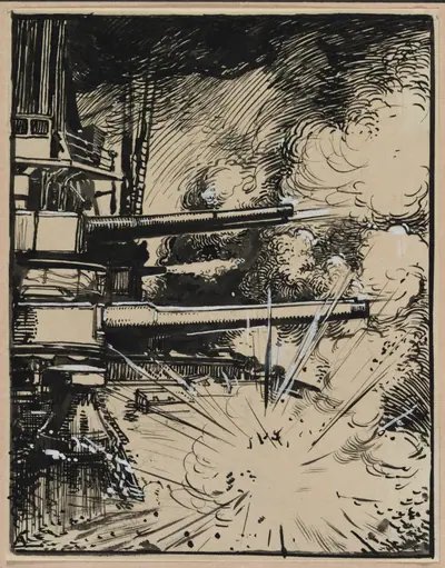 Bombe explosant sur un cuirasse aux canons braques
