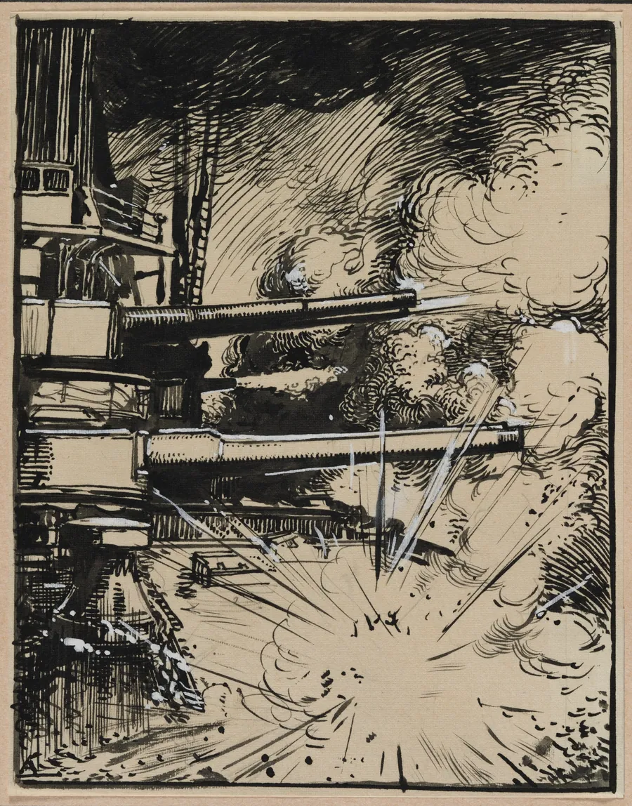 Bombe explosant sur un cuirasse aux canons braques by Auguste Louis Lepère
