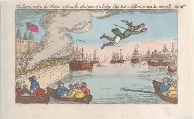 The Baron crosses the Thames without the assistance of a bridge, ship, boat, or balloon, or even his own will