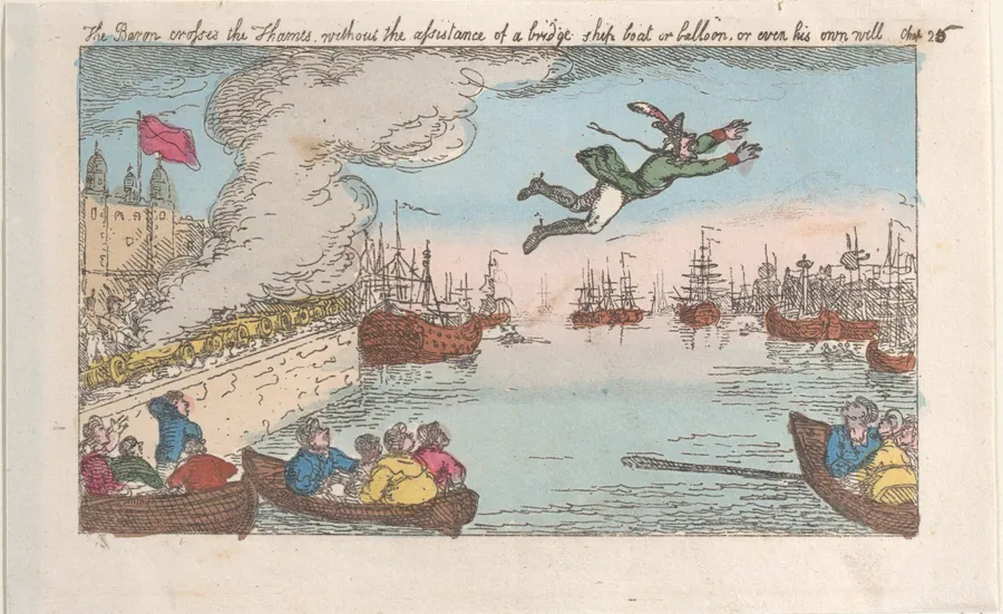 The Baron crosses the Thames without the assistance of a bridge, ship, boat, or balloon, or even his own will by Thomas Rowlandson
