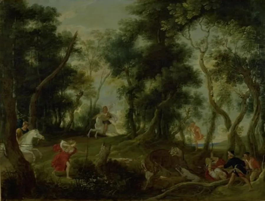Landskab med Atalantes og Meleagers jagt på det kalydoniske vildsvin by Willem van Herp
