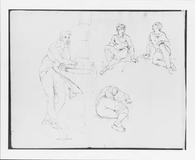 Two Seated Figures; One Sleeping Figure; Standing Man Leaning on Ship Railing (from Sketchbook)