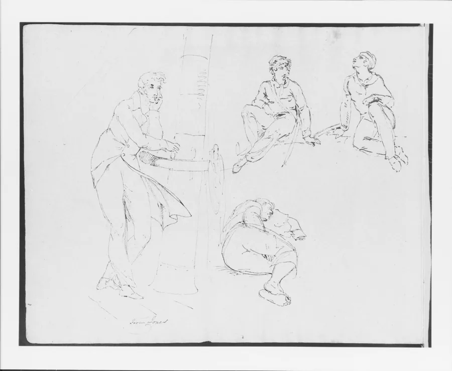 Two Seated Figures; One Sleeping Figure; Standing Man Leaning on Ship Railing (from Sketchbook) by Thomas Sully