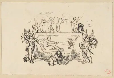Putti grouped around a rectangular panel