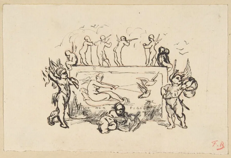 Putti grouped around a rectangular panel by Félicien Rops