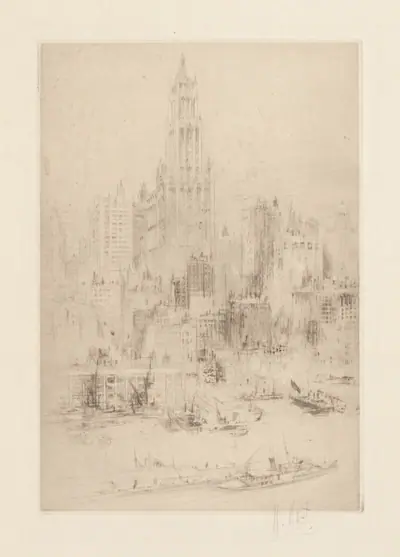 Downtown Manhattan from the East River, with the Woolworth Building