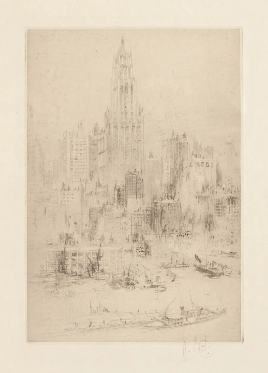 Downtown Manhattan from the East River, with the Woolworth Building by William Walcot
