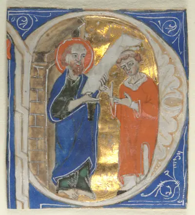 Historiated Initial Excised from a Bible: St. Paul and a Cleric