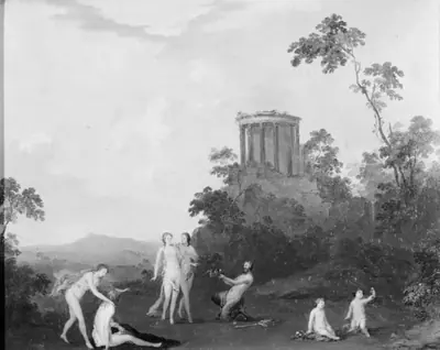 Nymfer og satyr foran tempel