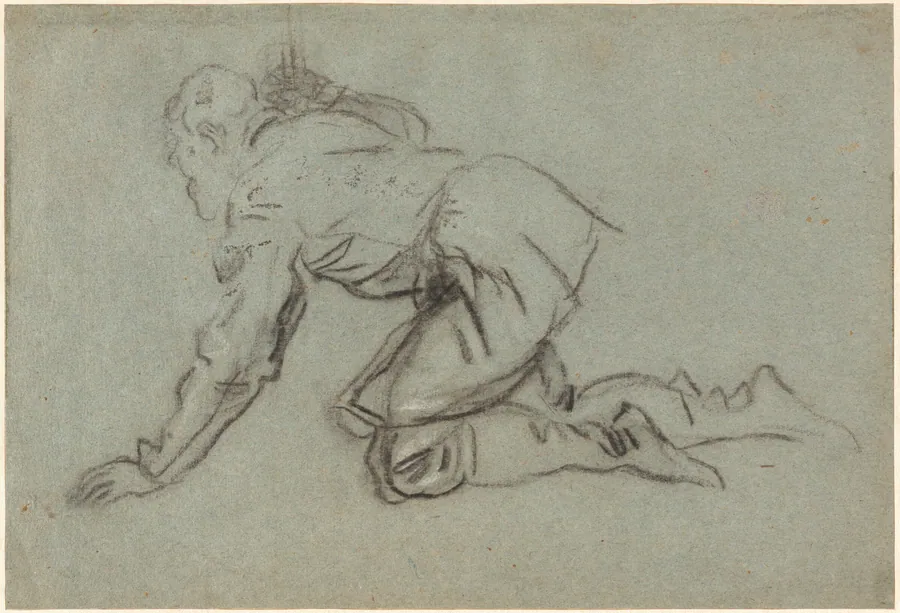 A Kneeling Man Holding a Staff [recto] by Jacopo Tintoretto