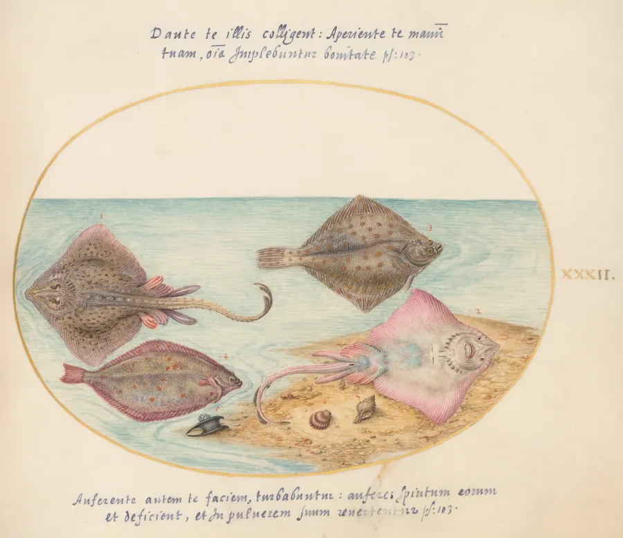 Plate 32: Skates with an Egg Case and Two Flat Fish by Joris Hoefnagel