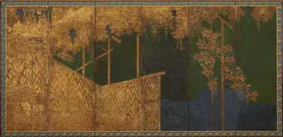 Fruiting grapevines on a bamboo trellis 「葡萄棚図屏風」