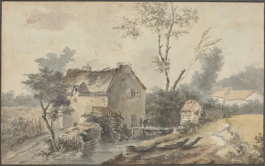 Mill with Bridge and Figures by Louis Gabriel Moreau the Elder
